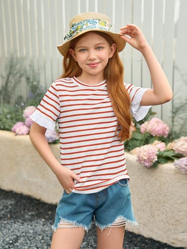 Image of Haloumoning Girls Striped Ruffle Short Sleeve T Shirts Kids Summer Crewneck Tops Casual Tees 5-14 Years