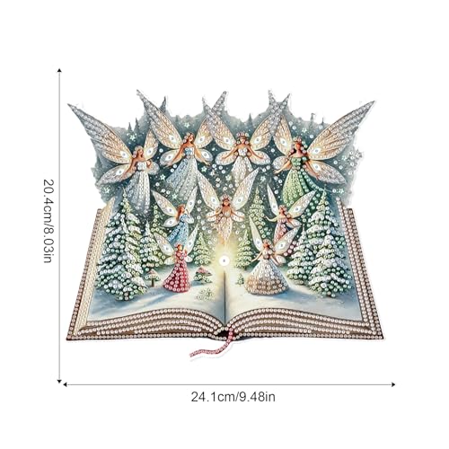 Image of DIY Large Christmas Diamond Art Hanging Kits for Adults, 24.1 x 20.4 cm | Magic Book with Elf and Snowy Forest Design, Crystal Diamond Painting Suncatchers, For Window, Door & Wall Ornaments