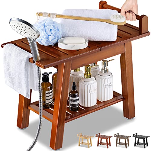Etechmart 2-Tier Bamboo Shower Bench, 24 Inch Spa Stool With Storage Shelf For Inside Shower Legs Shaving, Entryway Or Bathroom, A-Shaped Shower Bath Seat For Seniors Adults Disabled Women, Brown #TOP27