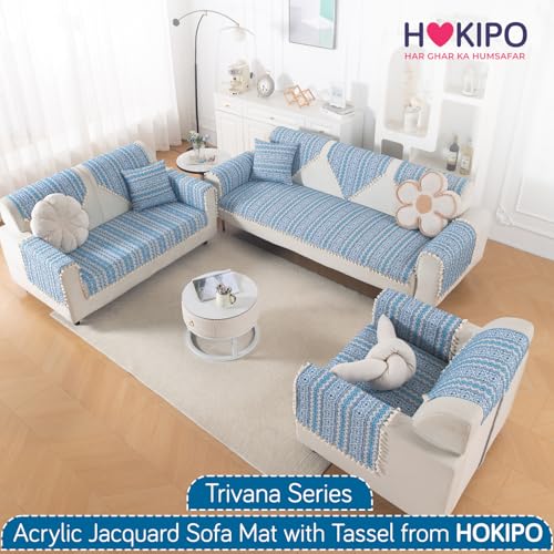 Image of HOKIPO Sofa Backrest Cover with Tassel | 300 GSM Thick Cotton Acrylic Jacquard Fabric Backrest Mat, Size 55x70 cm,'Trivana Series' Aqua Blue (IN-932-J7)