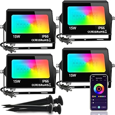LED Flood Light Outdoor with Stake, Halloween RGB Floodlights DIY Color Changing Stage Party Lights, Bluetooth Smart Landscape Lighting by App Control- iming-20 Modes for Garden Yard, 4 Packs