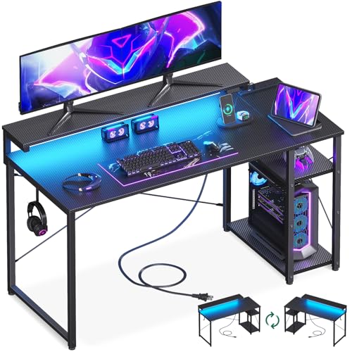 AODK ゲーミングデスク パソコンデスク ラック&コンセント付き 幅120cm 机 pcデスク ゲームデスク gaming desk モニター台&LED付き ゲーミングテーブル 左右入れ替え対応 カーボン調ブラック
