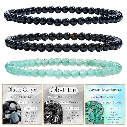 Bivei 3 Piezas 8mm pulseras piedras naturales - Ónix Negro, Obsidiana Negra, Aventurina Verde - Pulsera Piedras Naturales Mujer Hecha a Mano para Yoga, Meditación y Regalos de Protección
