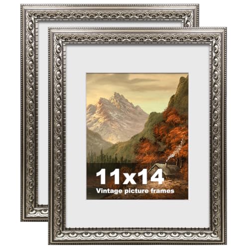 Image of 11x14 Vintage Picture Frames, Antique Picture Frame with White Mat for 8x10 Picture, Ornate Picture Frame for Wall Decor, 2 Pack Silver Frame, Silver