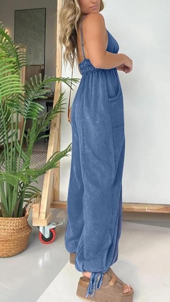 yoeasy Women's V Neck Adjustable Strap Denim Jumpsuit Smocked Elastic Waist Wide Leg Jeans Overall with Pockets