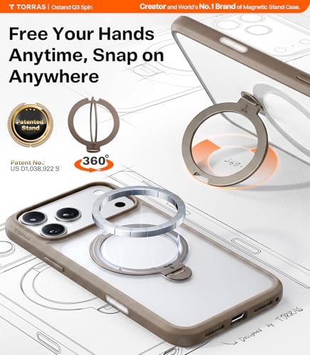 Image of TORRAS Q3 Spin for iPhone 17 Pro Case, 360 Magnetic Stand, Brown | Compatible with MagSafe, Built-in Kickstand, Camera Control, 4X Military-Grade Shockproof Translucent Phone Case for 17 Pro