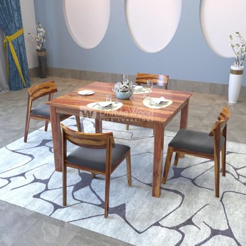 Image of DRIFTINGWOOD Liana Dining Table 4 Seater | Four Seater Dinning Table with 4 Chairs with Grey Cushions for Home | Rosewood, Natural Finish, Self Assembly(DIY)