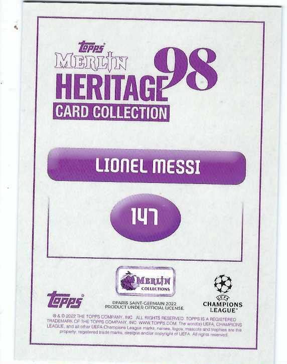 LIONEL MESSI 2022 Topps Merlin Heritage 98 UEFA Champions League Soccer UCL Action Card #147 Paris Saint-Germain PSG