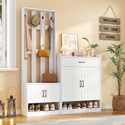 OKMYHOME Vestiaire d’Entrée avec Armoire et Porte-Manteaux - Meuble d’Entrée avec 4 Portes, 1 Tiroir et Rangement Chaussures, Blanc, 140×32×180 cm