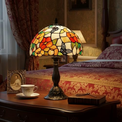 Image of WERFACTORY Tiffany Table Lamp Bedside Pink Stained Glass Lamp 18 Inch Tall