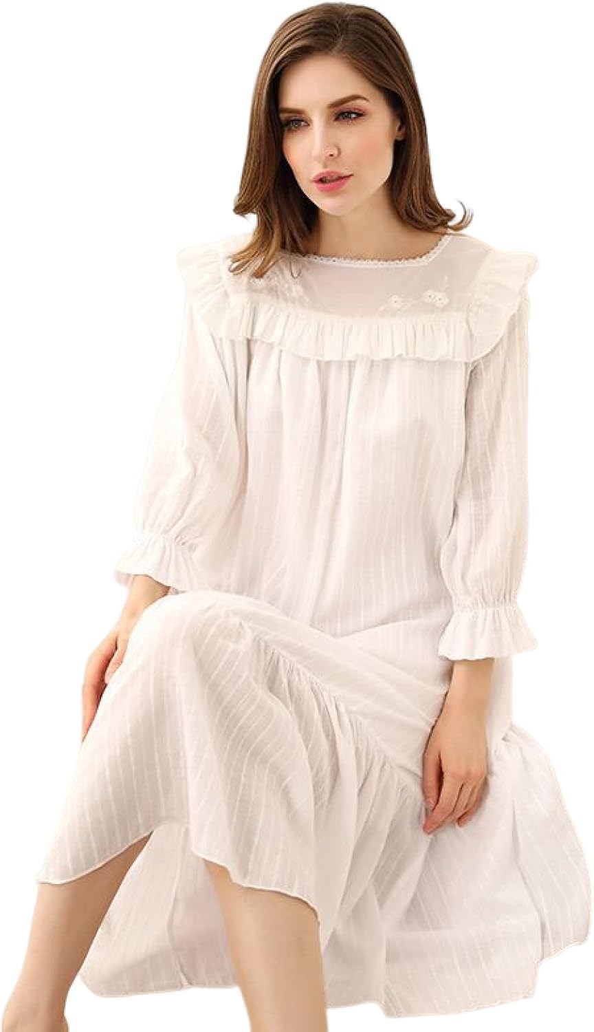 OFFSUM Women's Long Sleeve Nightgown - Spring Summer Cotton Square Collar Dress Elegant Embroidery Lace Robe Vintage Night