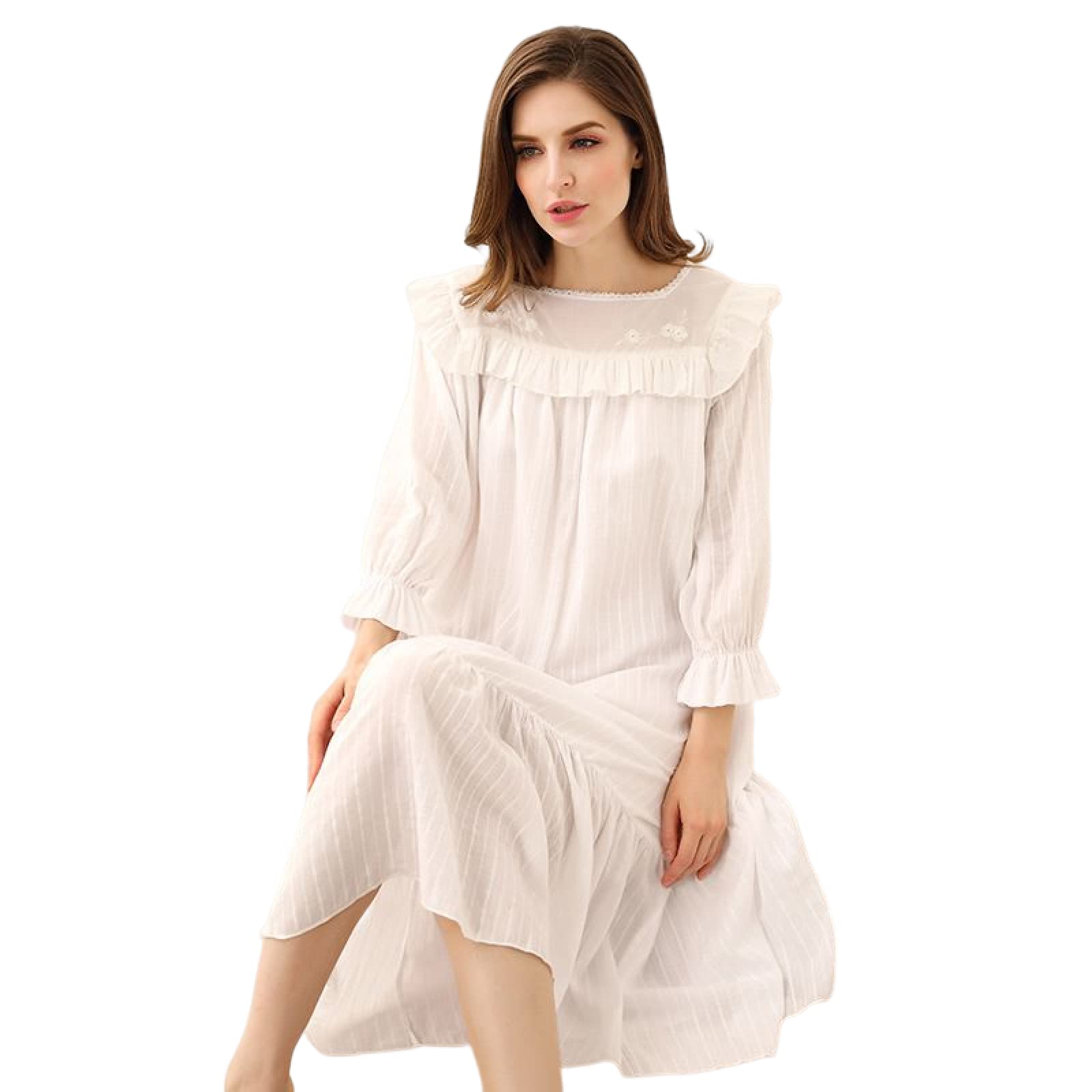 OFFSUM Camisón De Pijama De Mujer - Vestido De Algodón con Cuello Cuadrado para Primavera Y Verano Bata De Encaje Bordado Elegante Camisón Vintage Ropa De Dormir De Princesa Lencería