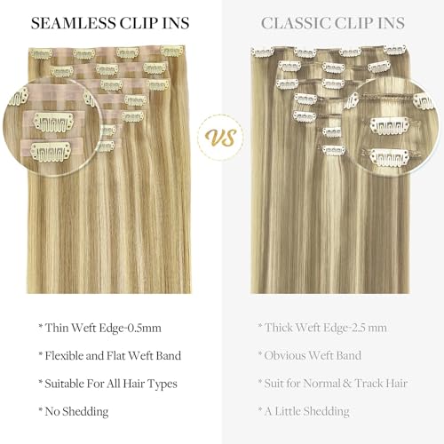 Image of DOORES Hair Extensions Seamless Clip in Real Human Hair, Light Blonde Highlighted Golden Blonde 24 Inch 120g 7pcs, Human Hair Extensions Skin Weft Remy Straight Hair Invisi Edge Hair Extensions
