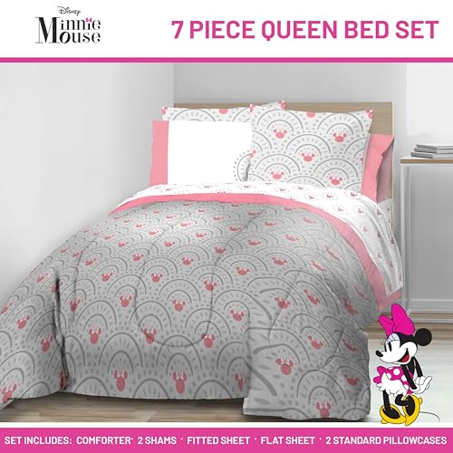 Image of Disney Minnie Mouse Queen Comforter Set 7 Piece Bedding for Girls, Grey | Bed in a Bag, Comforter Sheets Shams Pillowcases, Official Product, Soft Microfiber, Machine Washable, Girls Gift