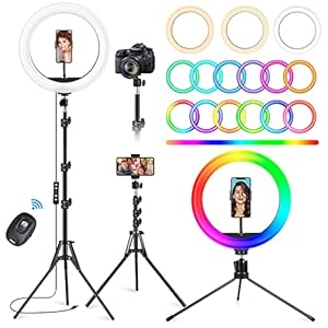 STALLY 10.2″ Ring Light with Stand, 62″ Tall Selfie Ring Light with Phone Holder and Wireless Remote, 12 Dimming Levels, 32 Color Modes Led Ring Light for Phone, Live Stream, Makeup, YouTube, TikTok