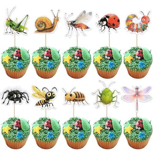 SYKYCTCY 40 Pack Insect Cupcake Toppers Ladybugs Spiders Snail Grasshoppers Dragonfly Caterpillar Bee Cupcake Picks Insects Party Decorations for Baby Shower Birthday Party Cake Decorations Supplies