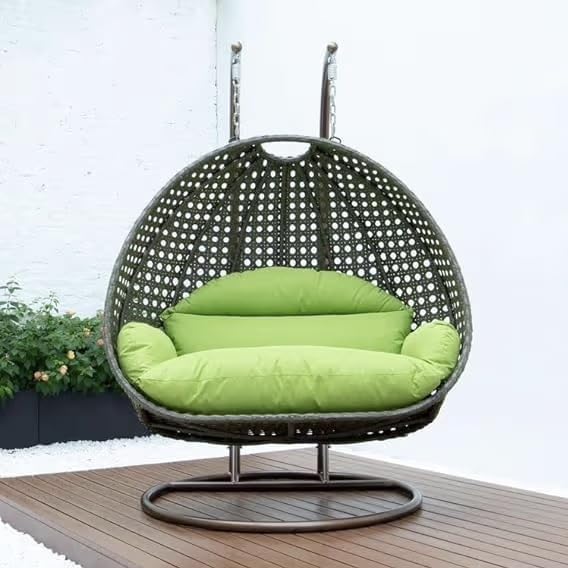 Image of Double Seater Hammock Swing Chair with Stand & Cushion | Heavy Duty Powder Coated Steel Frame | Outdoor Indoor Hanging Swing for Patio Balcony Garden Terrace Living Room (Black-Light.Green)