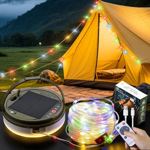 40FT Solar Camping String Lights Rechargeable String Lights with 8 Modes Waterproof Outdoor Lights with Delay Closure Retractable Design & Hooks for Outdoor Patio Awning Garden Party Essentials