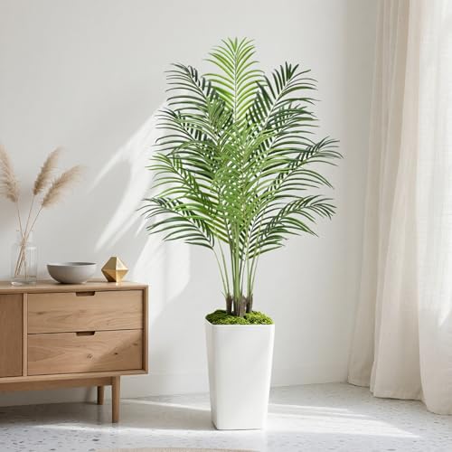 Keeplush 5ft Artificial Palm Tree with White Planter-Tall Artificial Indoor Plants, Fake Tropical...