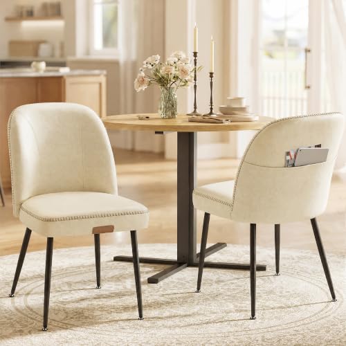 Image of VASAGLE Dining Chairs Set of 2, Upholstered Kitchen Chairs | Synthetic Leather with Stitching, Mid-Century Modern, with Storage Pocket, Cream White UKDC190WD01