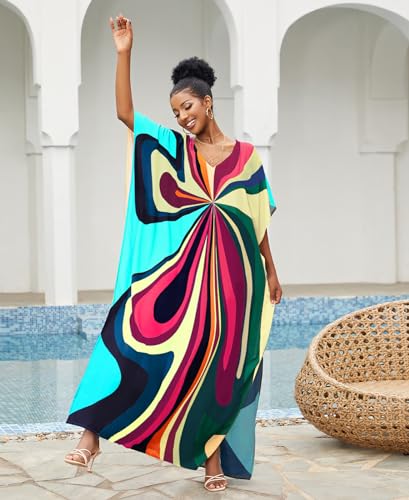 Image of sunforyou Kaftan Dresses for Women Plus Size Lightweight Swimsuit Cover up Batwing Sleeve Print Loungewear Beach Robe