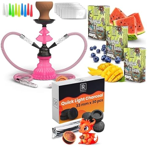 Pink Hookah Set 2 Hose Hookah – LilOne 12” Pink Mini Hookah - 30 pcs Charcoal Tablets for Incense - Hookah Charcoal Hookah Coals - Shisha Hookah Flavors Nicotine Free - Hookah Shisha Flavors 3 x 1.75 Cover