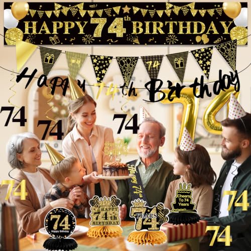 Image of 74th Birthday Decorations for Men, Black Gold 74th Party Decoration Kits
