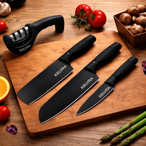 Image of Kitchen Knife Set 3-Piece with Knife Sharpener Tool, Stainless Steel Chef Knives, Sharp Cutting Knives for Kitchen, Vegetable, Fruit & Meat Cutting (3 Knife Set + Knife sharpner)