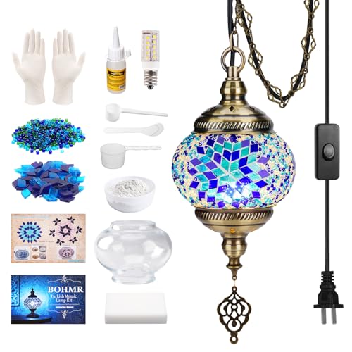 BOHMR DIY Turkish Mosaic Lamp Kit 5.2D Plug-in Stained Glass Pendant Hanging Lamp Making Kit with 15ft Cord-No Skills Needed Mosaic Art & Craft Project Kits for Adults&Teens Make Your Own Lamp Blue