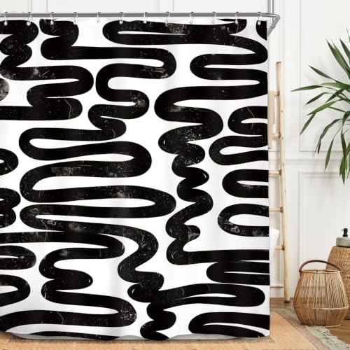 Miyotaa Modern Black White Line Shower Curtain Set 60Wx71H Inches Abstract Contemporary Minimalist Geometric Simple Neutral Waterproof Bathroom Curtain with 12 Hooks by Miyotaa - Used condition - Image 5