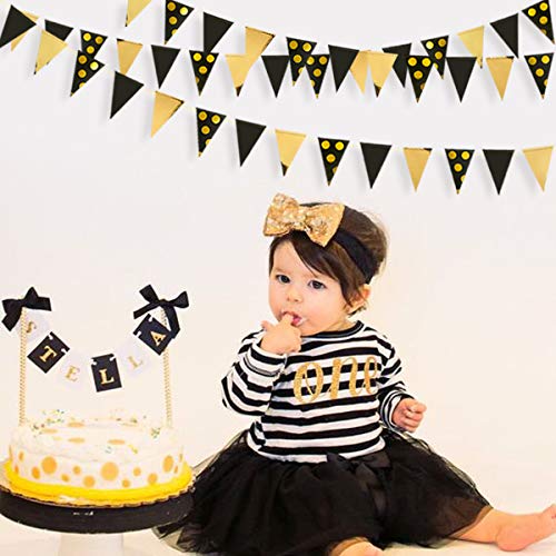 Image of 30Ft Black Gold Party Decorations Polka Dot Pennant Banner Paper Circle Dot Triangle Flags Bunting Garland for Wedding Bridal Shower Birthday Bachelorette Engagement Anniversary Holiday Party Supplies