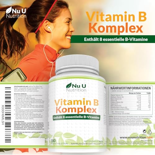 Vitamin B Komplex - 180 Vegan Tabletten - Alle 8 B Vitamine in einer Tablette - 6 Monate - Vitamine B1, B2, B3, B5, B6, B12, Biotin & Folsäure - Nahrungsergänzungsmittel von Nu U Nutrition
