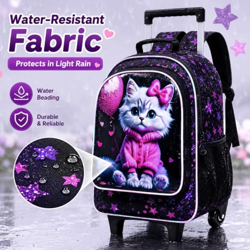Image of CCJPX 3Pcs Cat Rolling Backpack for Girls, 18 inch Kids Wheeled Bookbag with Lunch Box, Lightweight Roller School Bag for Elementary Preschool (Black)