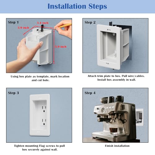 Image of Recessed Outlet /Electrical Box Single Gang, Recessed Outlet Box for Wall Mount TV, Antenna, Phone and Cable TV, Suitable for GFCI & Standard, for Old or New Construction(2 Pack)