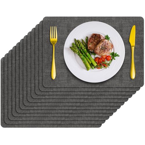 Placemats Set of 12 Washable, Heat Resistant Table Placemats Wipeable Faux Leather Place Mats Non Slip, Waterproof Square Table Mats for Indoor Outdoor, Charcoal Gray