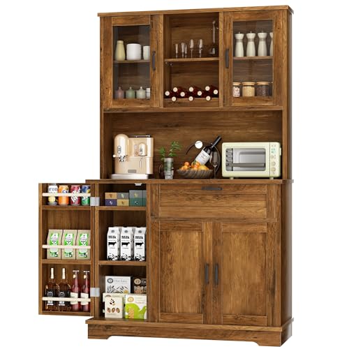 Image of Shintenchi Kitchen Pantry Storage Cabinet, Freestanding Buffet Cabinet with Microwave Stand & 3 Door Shelves, Kitchen Hutch with Doors, Adjustable Shelves and Wine Rack, Brown