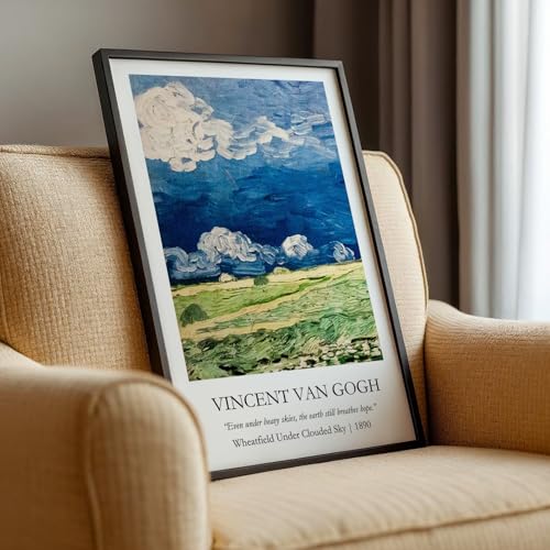 Image of Waltractive Vincent Van Gogh Paintings Framed Poster with Beautiful Quotes - Available in 33x22 and 48x33 CM - Classic Art Poster with sleek Black Frame - Elegant Home and Office Decor (Wheatfield Under Clouded Sky, 9x13 Inch, Framed)