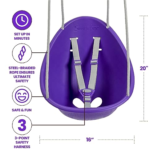 Image of Swurfer Coconut Toddler Swing - Comfy Baby Swing Outdoor, 3- Point Adjustable Safety Harness, Secure, Safe Quick Click Locking System, Blister-Free Rope, Easy Installation, Ages 9 M and Up, Plp Purple