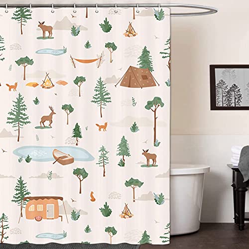 Image of Boziqr Camper RV Shower Curtain Travel Trailer Bathroom Accessories Wild Life Deer Moose Forest Decor Camping Shower Stall Curtains 48x72 Inches (Beige)