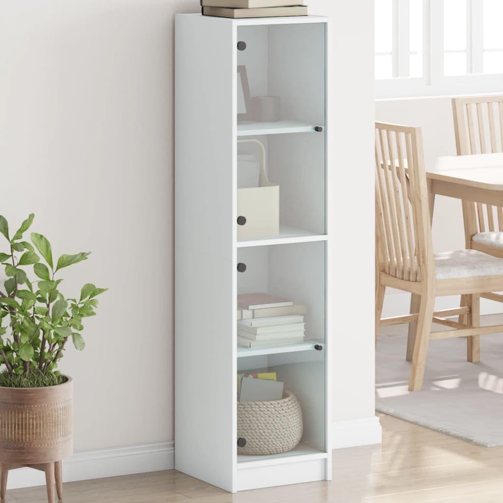 Mobile alto bianco con ante in vetro, 35 x 37 x 142 cm, elegante mobile per soggiorno con vano portaoggetti, ideale per corridoio, cucina e camera da letto, design in legno resistente