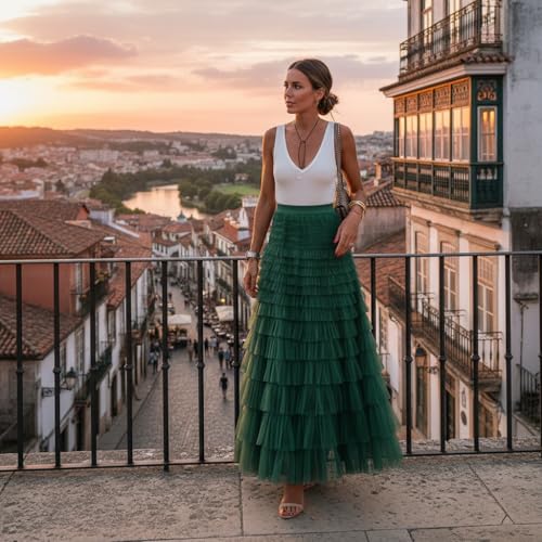 Mincib Womens Long Tulle Skirt A Line Ruffle Tiered Layered Skirts High Waisted Flowy Fairy Maxi Skirts(Green,S) — view 2
