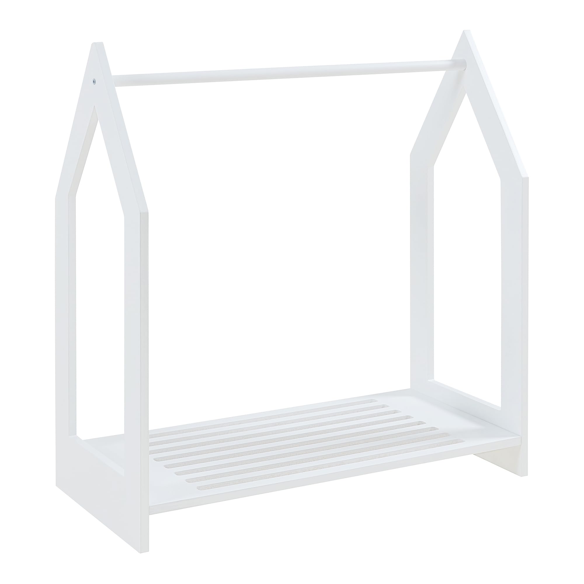 [en.casa] Stand Appendiabiti a Forma di Casetta Organizzatore Guardaroba per Cameretta con Barra e Piano di Appoggio Porta Abiti a Misura di Bimbi 78x75x35 cm Bianco