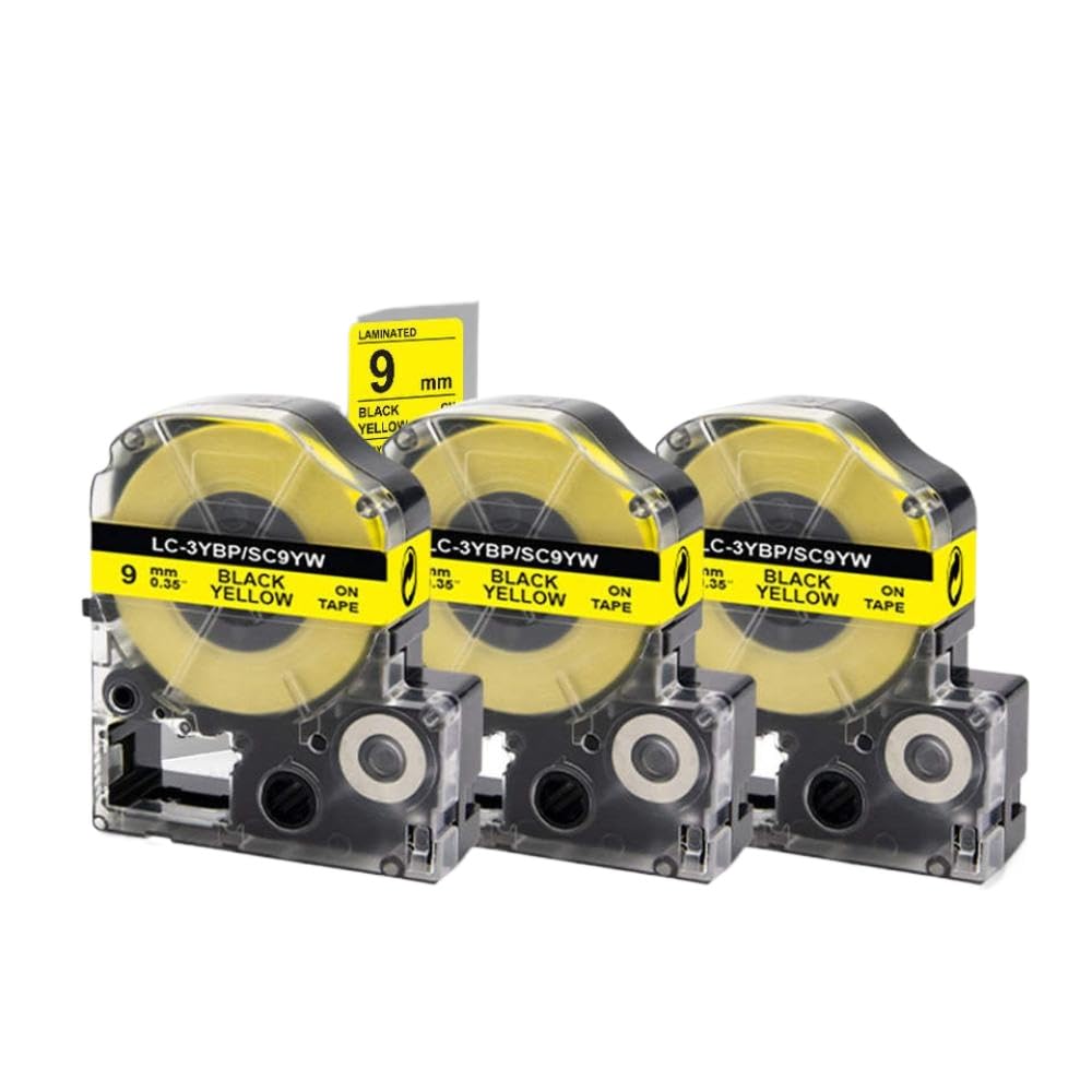 Nastro Etichette 9mm Nero Su Giallo SC9YW LK-3YBP Compatibile Con KingJim LW-300 LW-400