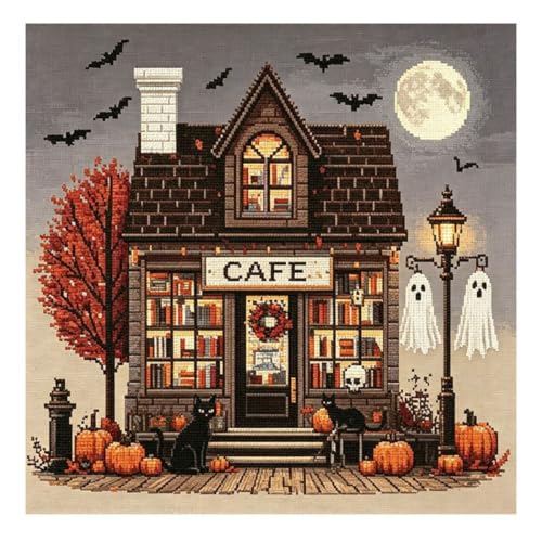 Image of Halloween Cross Stitch Stamped Kits for Adults Beginners, Horror Embroidery | Halloween House Embroidery Kits, Full Line DIY Stitching Kit, 11 CT Needlepoint Patterns for Home Decor 15x15 Inch