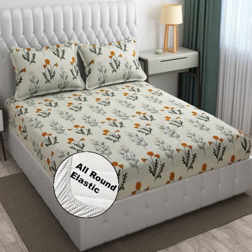 Image of Fresh From Loom Floral Print Microfiber Fitted King Size Bedsheet Set - Anti Fade, 240 TC, 2 Pillow Covers Included (Size - 78 x 72 Inches (Fits up to 10 Inch)| Pink, Floral Design)