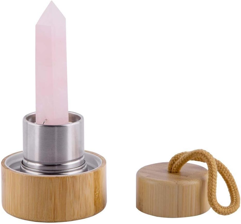 Bamboo Rose Crystal Quartz Wand Water Bottle, Natural Crystal Healing Points, Bamboo Lid + Travel Sleeve, BPA Free