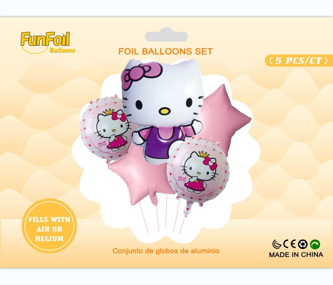 PARTY TIME - 5 Pieces Hello Kitty Theme Birthday Party Foil Balloons, Heart and Circle Foil Balloons Party Supplies Birthday Party Decorations, Foil - (Multicolor)