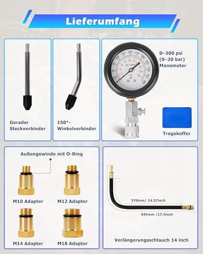 DAYUAN Kompressionsprüfer Set Kompressionstester Motor Kompression prüfen meßen Kfz M10 M12 M14 M18 0-20 bar & 0-300 psi