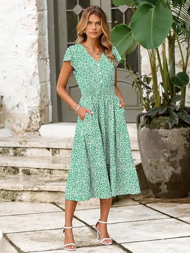 Image of BerryGo Women's Floral Boho Ruffle Summer Midi Dress Short Sleeve V Neck Empire Waist Swing Flowy Dress