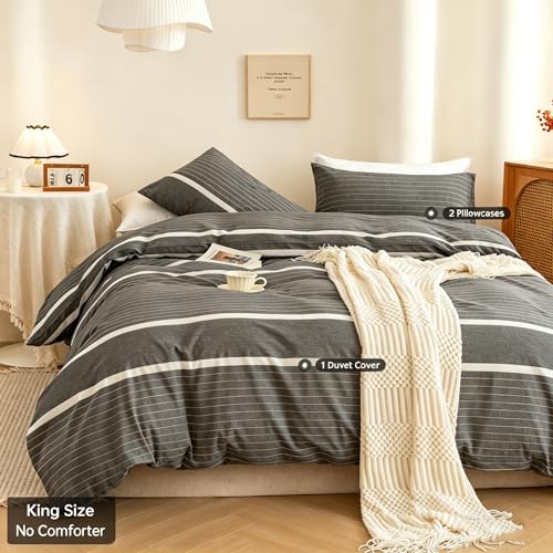 Image of ECOCOTT 3 Pieces Duvet Cover Set King 100% Washed Cotton 1 Duvet Cover with Zipper and 2 Pillowcases, Ultra Soft and Easy Care Breathable Cozy Simple Style Bedding Set(Grey Stripes)